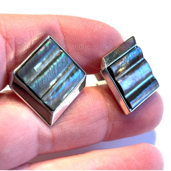 Vintage 1960's Swank Jewelry Cufflinks Silver & gray brown opalescent stones - Picture 6 of 6